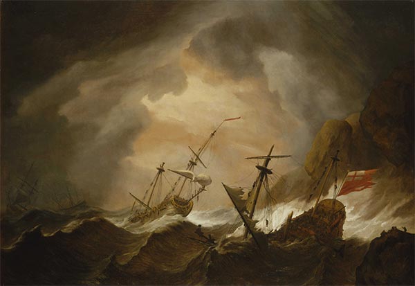 Two English Ships Wrecked in a Storm on a Rocky Coast, c.1700 | Willem van de Velde | Giclée Leinwand Kunstdruck