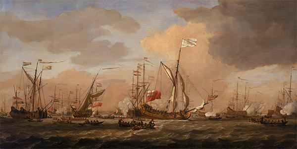 The Mary, Yacht, Arriving with Princess Mary at Gravesend in a Fresh Breeze, 12 February 1689, c.1689 | Willem van de Velde | Giclée Leinwand Kunstdruck