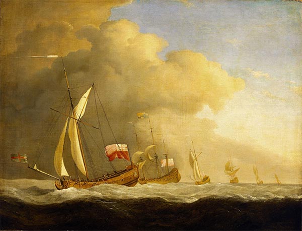 English Royal Yachts at Sea, in a Strong Wind in Company with a Ship Flying the Royal Standard, 1689 | Willem van de Velde