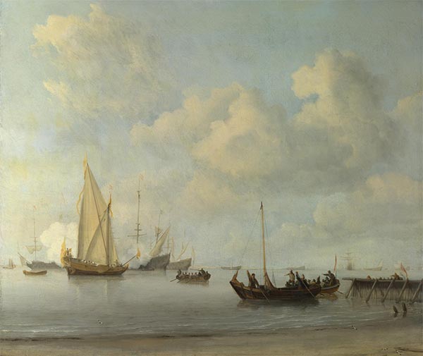 Boats pulling out to a Yacht in a Calm, c.1665 | Willem van de Velde | Giclée Leinwand Kunstdruck