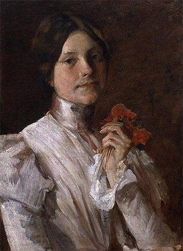 Junge Frau mit roten Blumen, 1904 von William Merritt Chase | Leinwand-Kunstdruck
