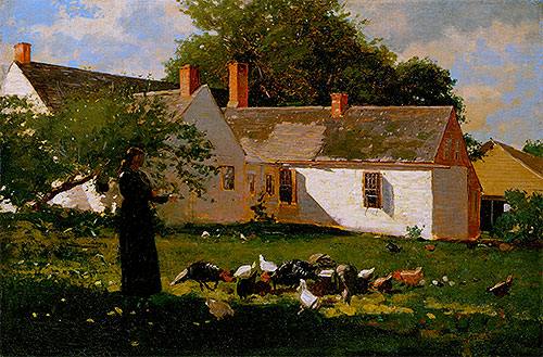 Woman Feeding Chickens and Turkeys, c.1872 | Winslow Homer